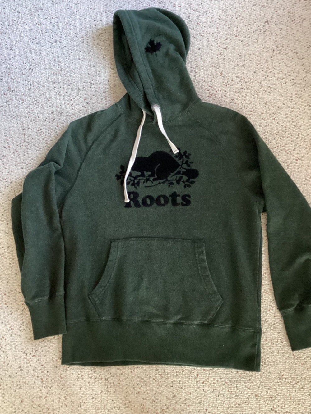 XS Roots Hoodie in Dark Green  with black logo in front and hood pre-owned